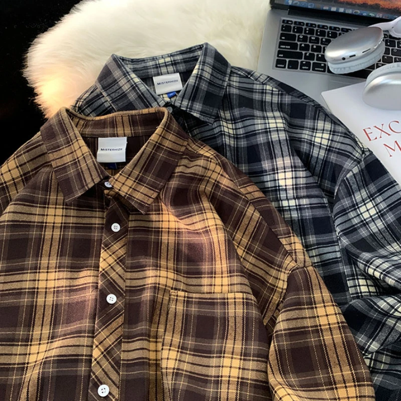 Casual Shirts Men Plaid All-match Fashion Daily Spring Baggy Streetwear Pocket Advanced Japanese Style Teenagers Handsome Soft