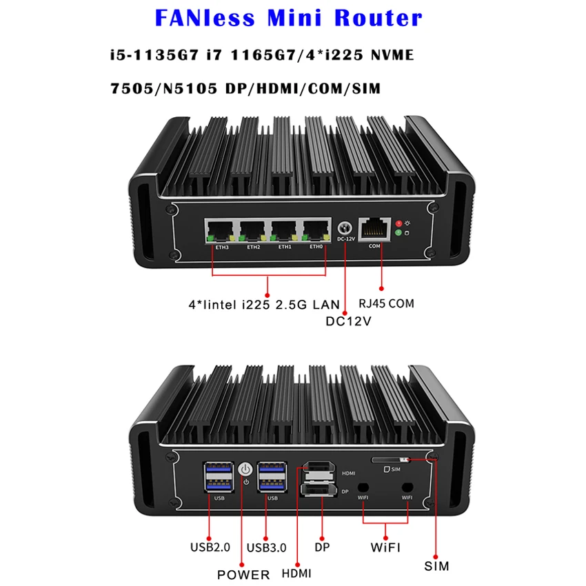 Quạt Không Cánh PfSense Tường Lửa Router 11th Gen Core I7 1165G7 Pentium 7505 4 * Intel I225 2.5G LAN Win11 Celeron n5105 DP HDMI Mini PC