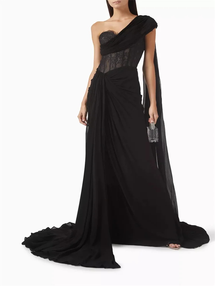 Customized One Shoulder Neckline Long Cloak Chiffon Straight Evening Dress Back Zipper Floor Length Sweep Train Gown For Women