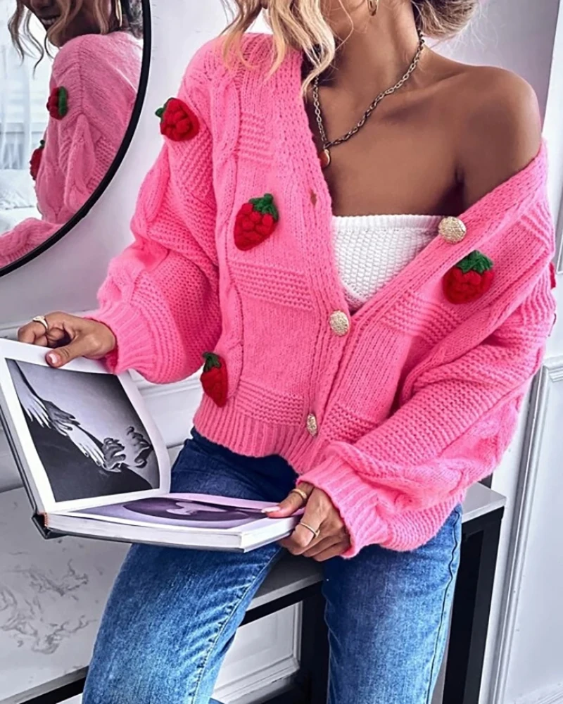 2024 Autumn Winter Women Long Sleeves Knitted Cardigan Harajuku Strawberry Print Loose Fitting Female Cardigan Sweater Outwear