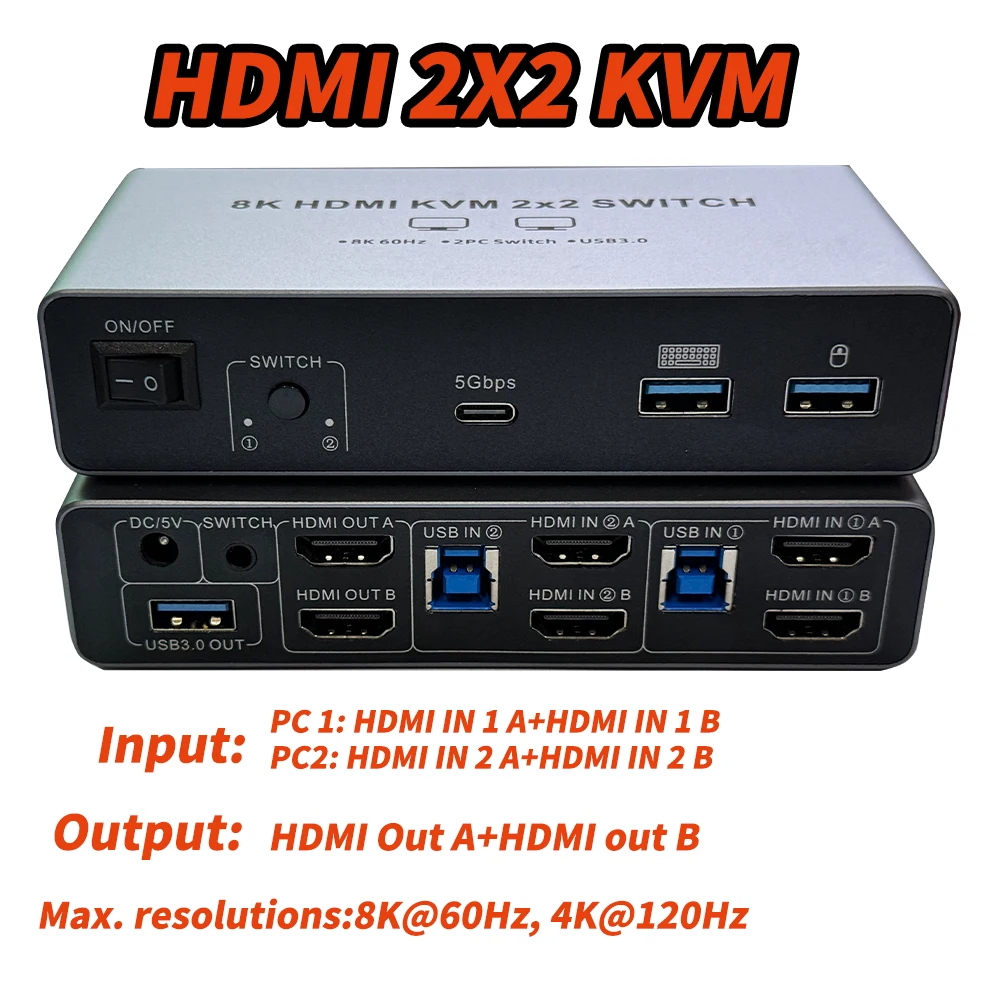 8K HDMI 2.1 KVMスイッチ デュアルモニター HDMI 2.1+HDMI 2.1 KVM