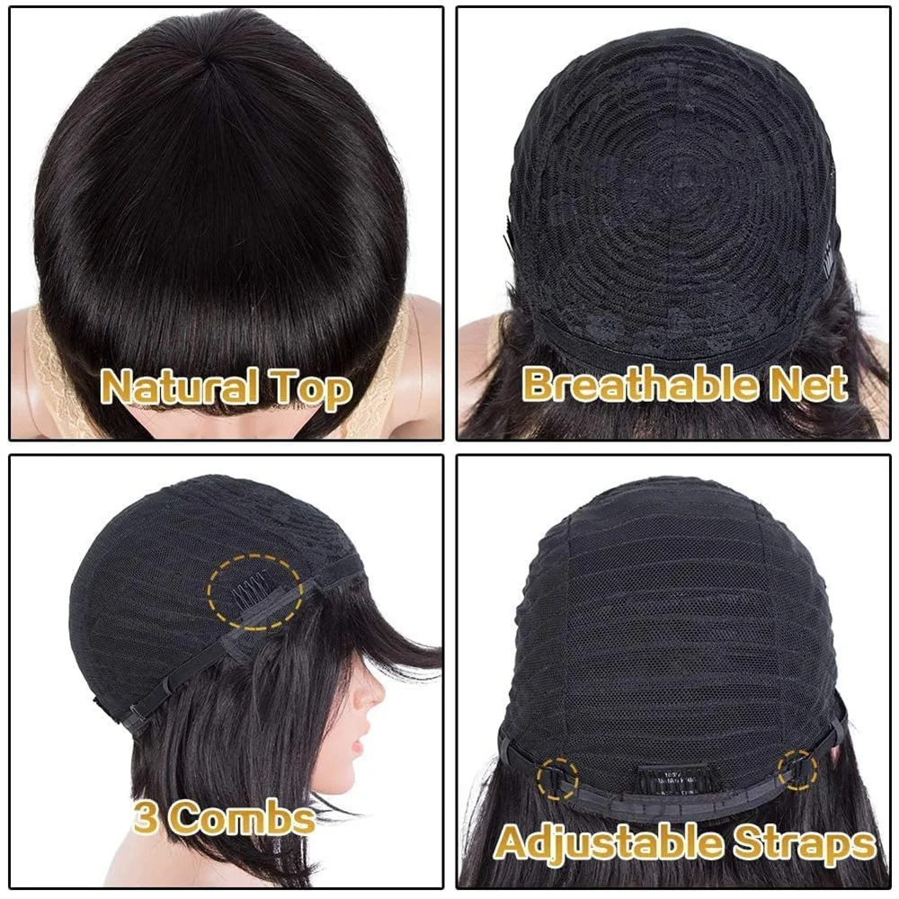 Glueless curto Bob peruca de cabelo humano com franja, máquina completa feita, Malásia, nenhum laço, reto, 12"