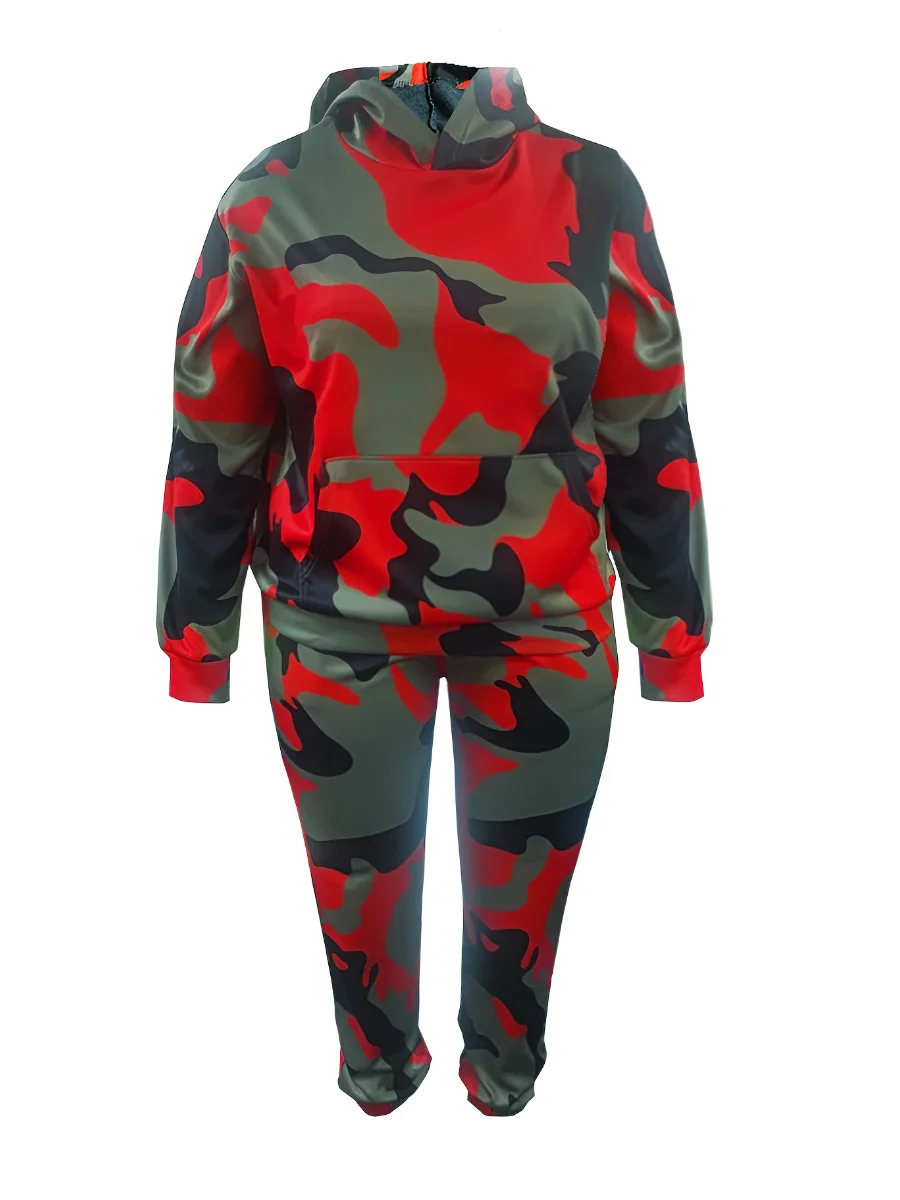 Lw Plus Size Dikke Tweedelige Set Camo Print Zak Trainingspak Herfst Winter Warm Trainingspak Lange Mouw Hoodie & Broek Set