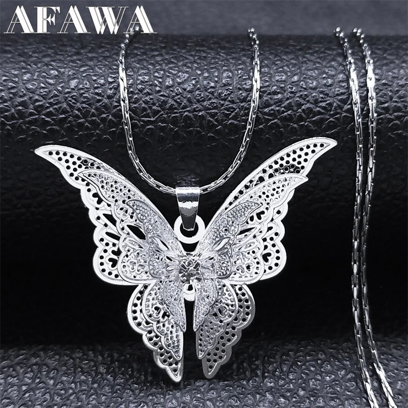 

Aesthetic Insect Butterfly Filigree 3D Hollow Copper Crystal Pendant Necklace Stainless Steel Chain Jewelry collier femme