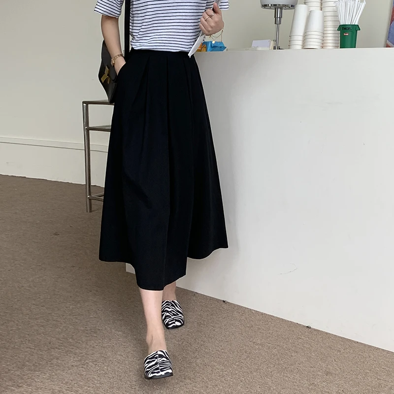 Seoulish 2023 New Spring Pockets Elegant Women\'s Midi Skirts Solid Female High Waist A-Line Umbrella Casual Korean White Skirts