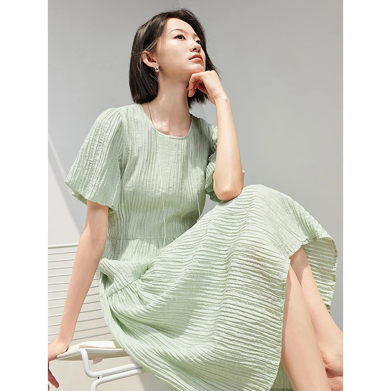 TOYOUTH Women Dress 2024 Summer New Elegant Solid Pleated Round Neck Puff Sleeves Mid Length Casual Dress With Waistband