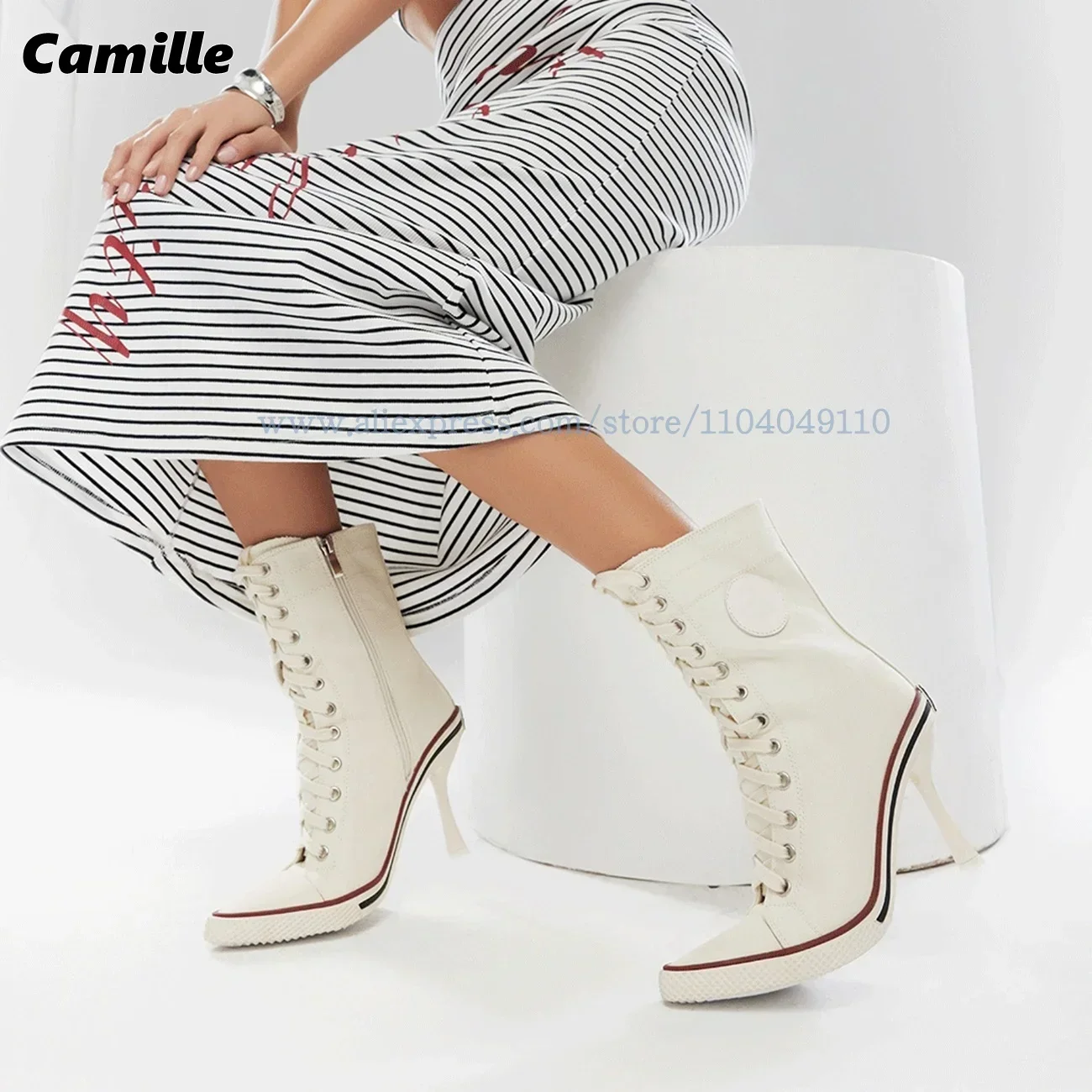 Retro Canvas Front Lace Up Sports High Heel Boots 2025 Mixed Color Mid Calf Casual Boots Pointed Toe Inner Zipper Modren Boots