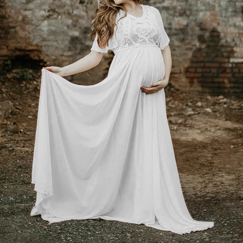 

Womens Short Sleeve Pregnancy Dress Photography Lace Stitching Chiffon Maternity Dress Fashion Clothing For Pregnant Women Dress