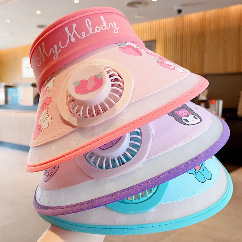 

Sanrio Hello Kitty Y2K Melody Fan Cap Kuromi Cinnamoroll USB Charging Fan Sun Hat Cartoon Children UV Protection Sun Hat Gifts
