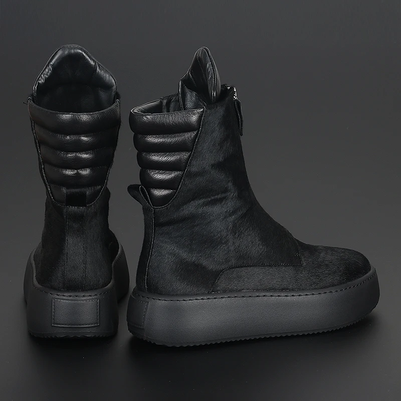 British Fashion Black Real Horse Fur Men\'s Boots Fashion High Top Short Boots Thick Soles All Casual Round Head Men\'s Fashion