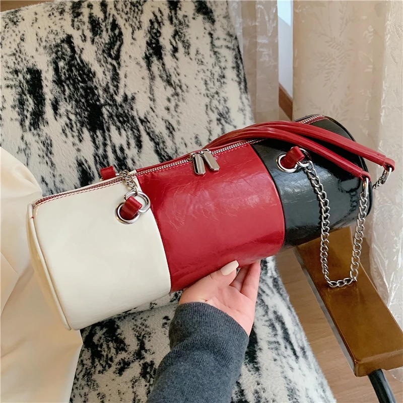 

Fashion Chain Shoulder Bag Contrast Color Pu Leather Handbag Big Capacity Storage Backbag Versatile Pillow Lady Travel Backpack