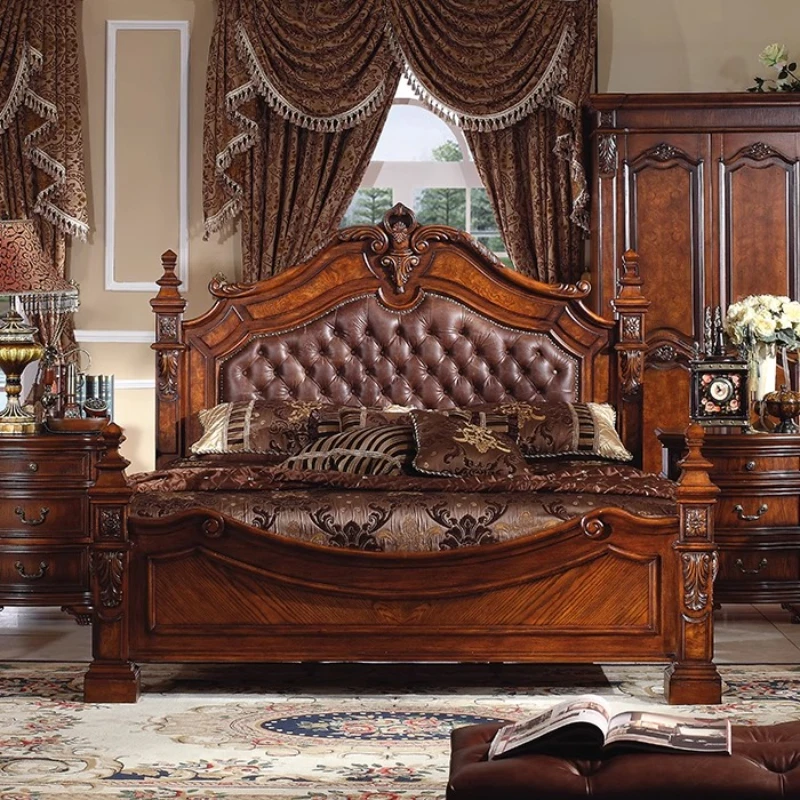 

American all solid wood bed 1.8 meters European style first layer leather bed luxury retro master bedroom double bed high-end