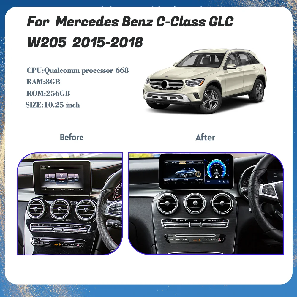 10.25-inch Android 13 suitable for Mercedes Benz C-Class W205 GLC 2015-2018 GPS Carplay 4G 1920*720P HD QLED multimedia player