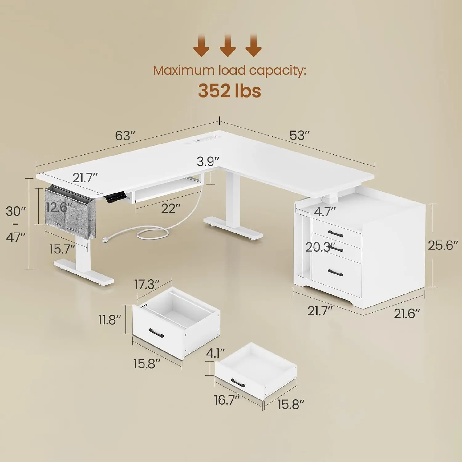 L Shaped Standing Desk with File Cabinet 3 Drawers Power Outlet, Customized