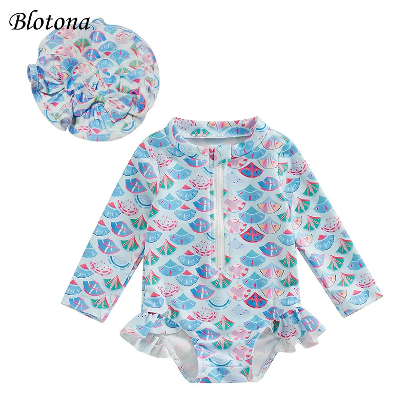 Blotona Toddler Baby Girl 2 Piece Swimwear Set, Round Neck Front Zip Up Long Sleeve Swimsuit + Swimming Cap Summer Beach Wear