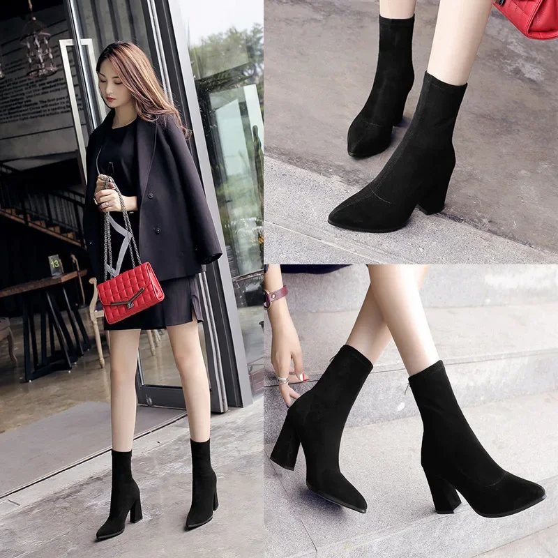 Women's Autumn/winter New Elastic Boots Winter Thick Heel Slim Boots Women's Summer British Style Fashion