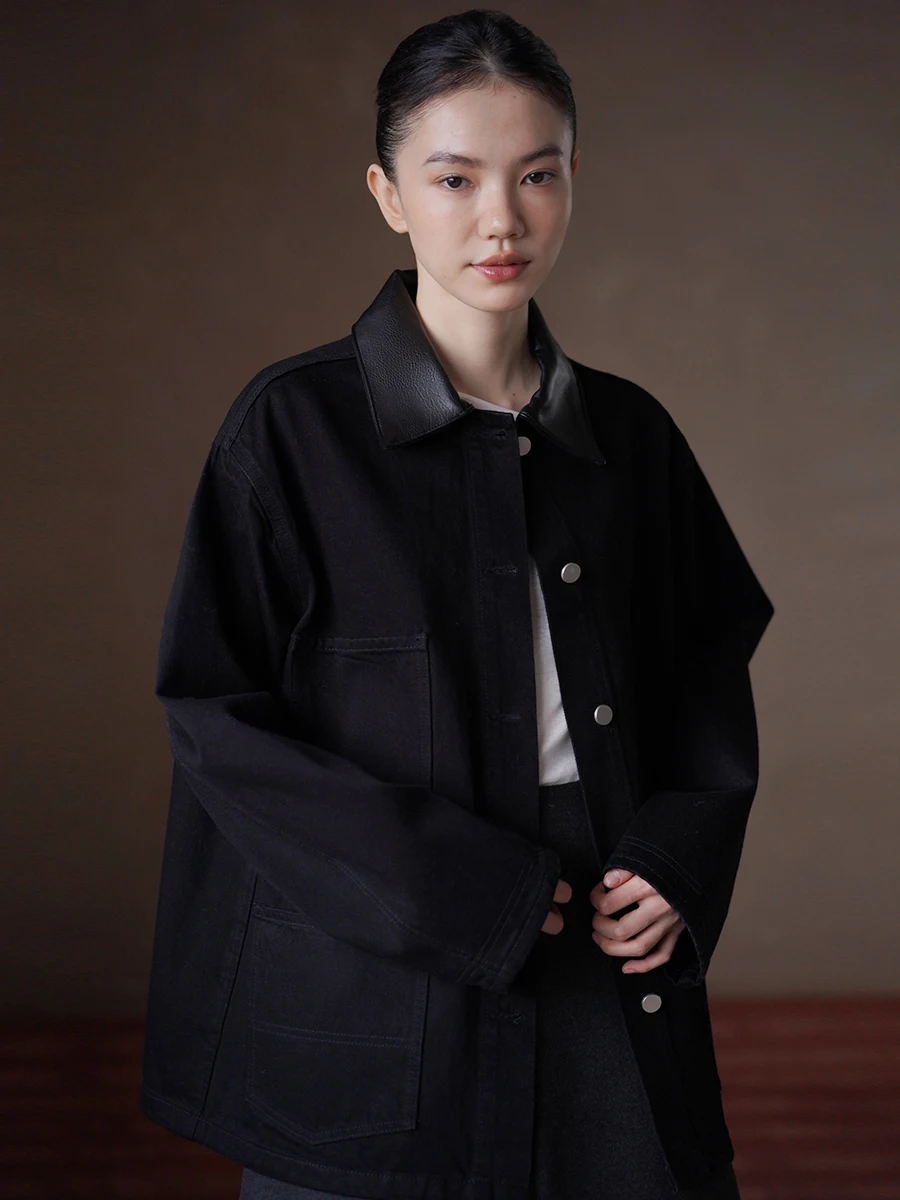 

Hacikis Miss Cotton 00% Waed Denim Jaet with Leather Collar Loose Women's Outerwear Long Sve Commute Sle Casual Wear