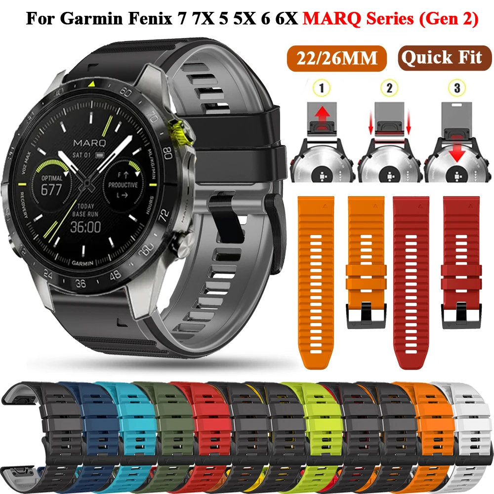 Quickfit 22/26mm Silicone Strap Band For Garmin MARQ Athlete Adventurer Golfer Captain Aviator Epix Gen 2/Fenix 7 7X 6X Bracelet