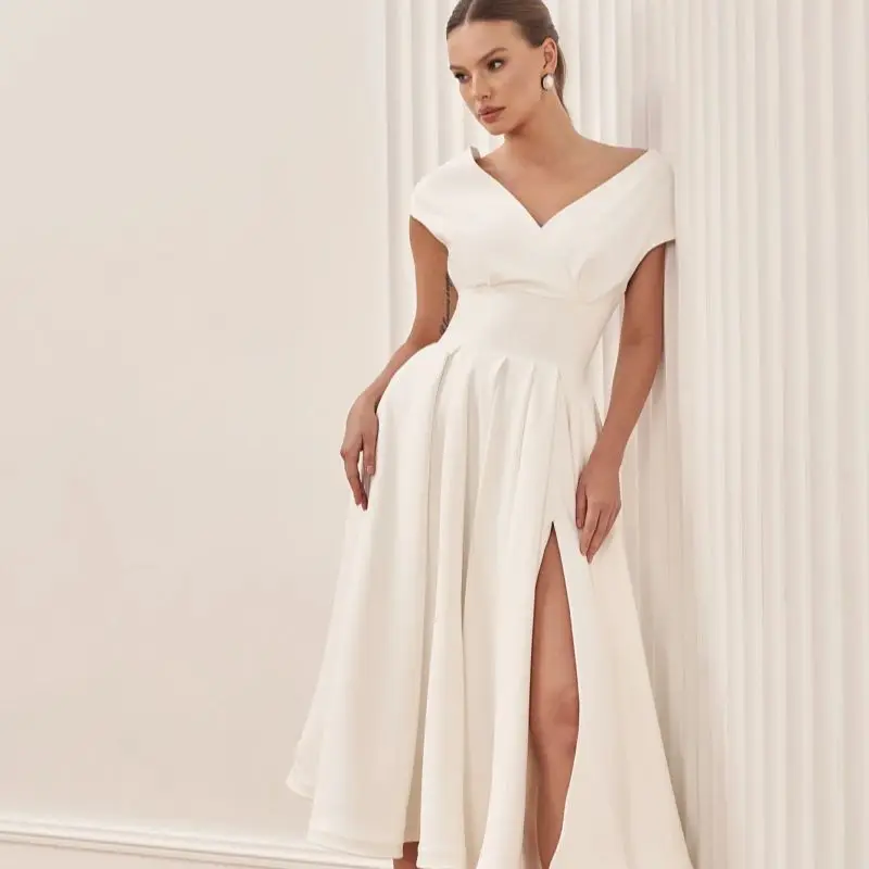 Short Wedding Dress Soft Satin Side Slit Ankle Length Off The Shoulder A-Line Customize To Measures For Women Robe De Mariee