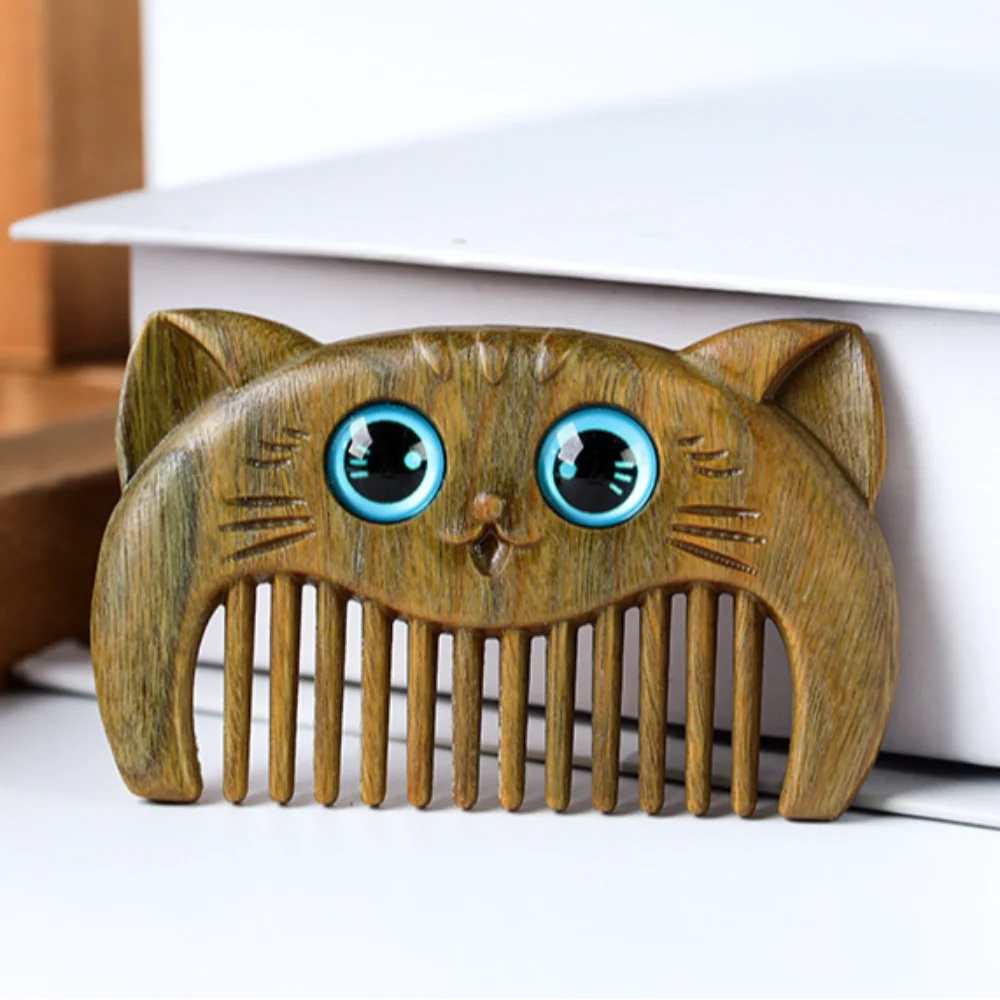 Wood Green Sandalwood Kitten Comb Cute Narrow Tooth Head Acupuncture Point Massage Comb Traditional Coarse Tooth