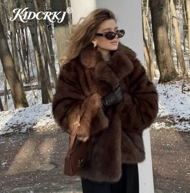 KIDCRKJ Russian Winter Women's Faux Fur Coat Thick Warm Medium To Long Lapel Ladies Fox Fur Coat Female Casual Winter Fur Coat