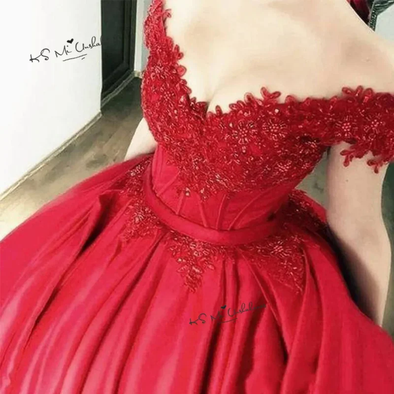 

Vestido de Noiva Princesa Red Wedding Dress Plus Size Lace Bridal Dresses 2020 Cheap Wedding Gowns off Shoulder Satin Custom