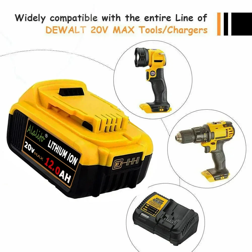 Batterie de rechange au lithium d'origine pour Dewalt, DCB200, DCB184, DCB200, DCB182, DCB180, DCB33, DCB182, DCB201, DCB206, 20V, 12000mAh