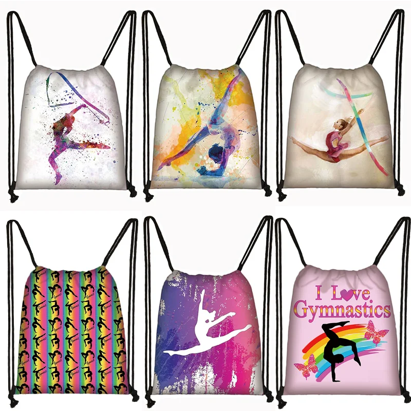 

Watercolor Gymnastics Art Print Backpack Women Drawstring Bags Girls Daypack Gymnast Storage Bag for Travel Shoes Holder Gift