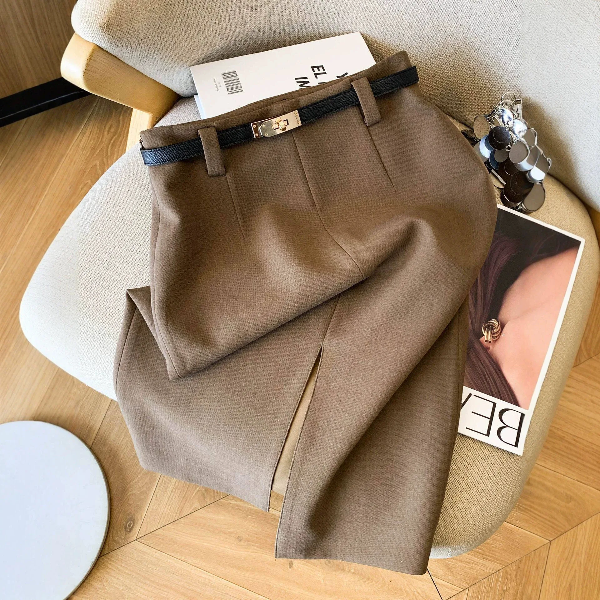 Womens High Waist Midi Pencil Skirt Brown Front Split Detachable Belt Formal Office Skirt
