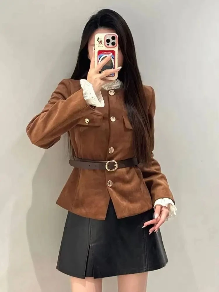 

Women's High Street Suede Effect Blazer Long Sleeves Solid Color O Neck Single Breasted Belted Autumn Vintage Coats