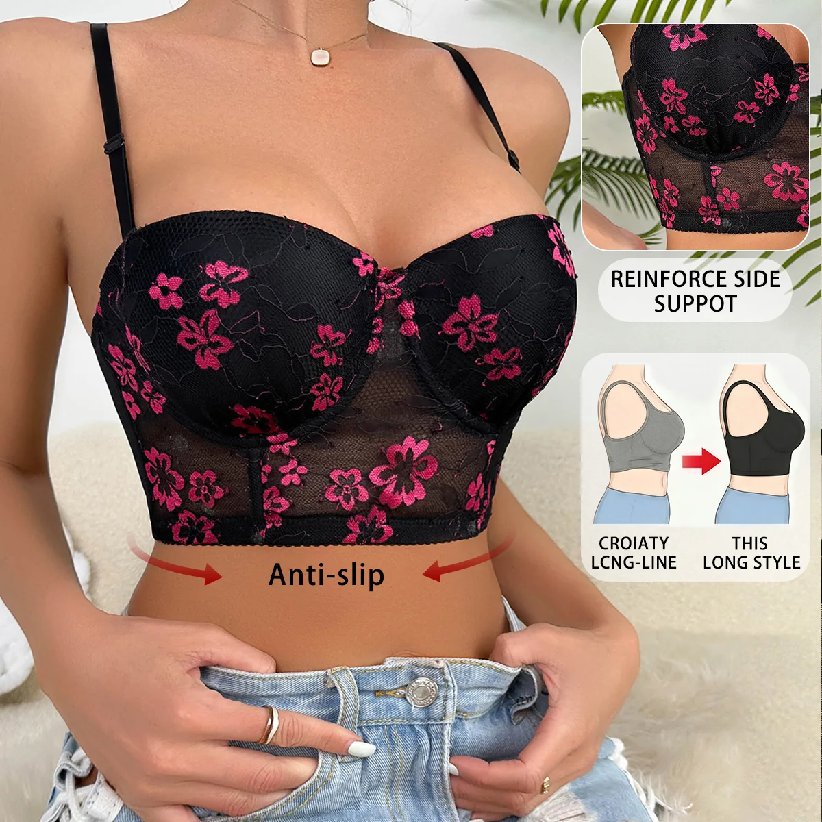 Plunge Bra Push Up - Sous-vêtements pour femmes, corset imprimé brodé,