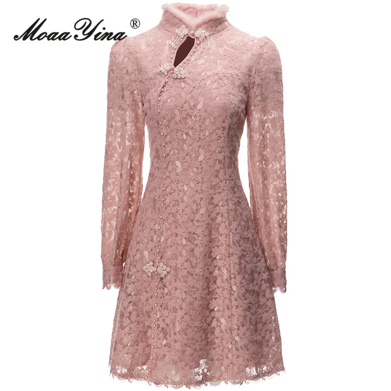 

MoaaYina Autumn Fashion Designer Pink Vintage Lace Dress Women Stand Collar Embroidery Button Beading High Waist Slim Mini Dress