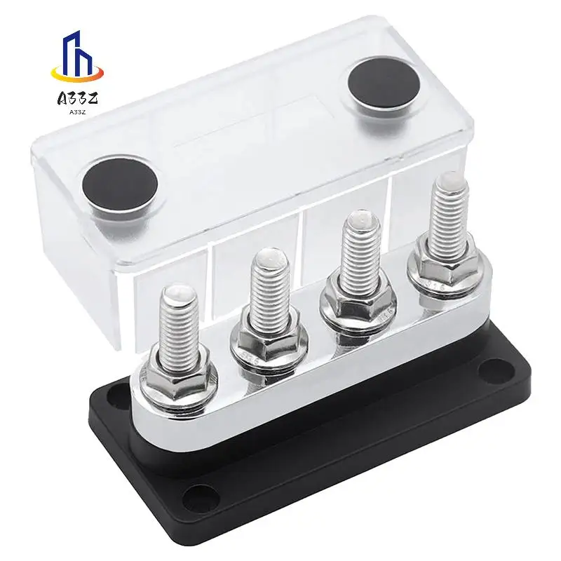 A33Z-600A Bus Bar 4-Stud (3/8 Inch) M10 High Current Copper Busbar Terminal Block Marine DC 12V 24V 48V With Cover