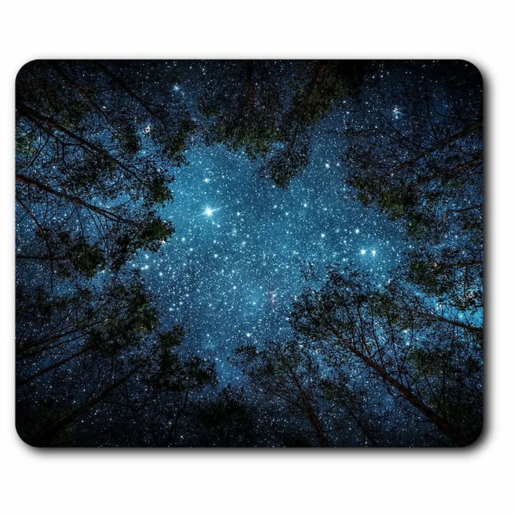

Beautiful night sky mousepad, Star trees, forest, camping, travel, computer desktop accessories, high-quality desk pad, washable
