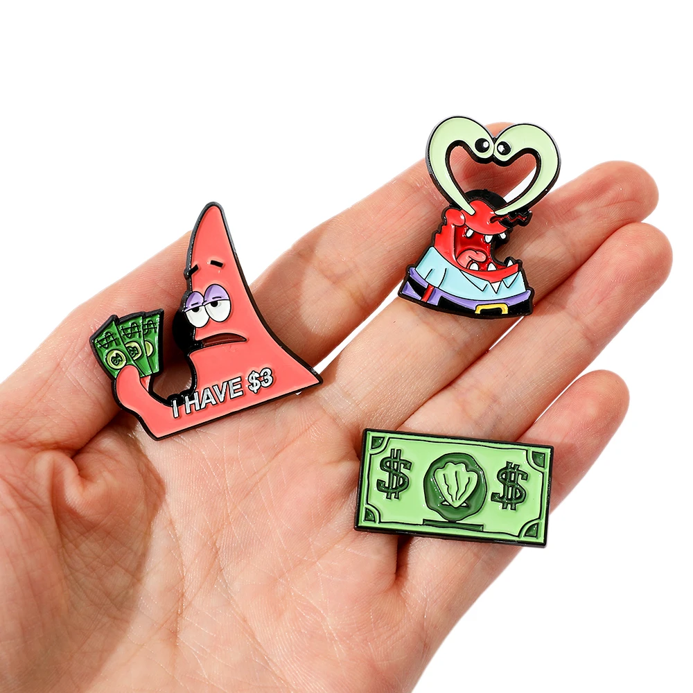 3 Pcs Cute Patrick Star Eugene H. Krabs Brooch Cartoon Anime Enamel Pin Fashion Animal Metal Badge Jewelry Backpack Accessories