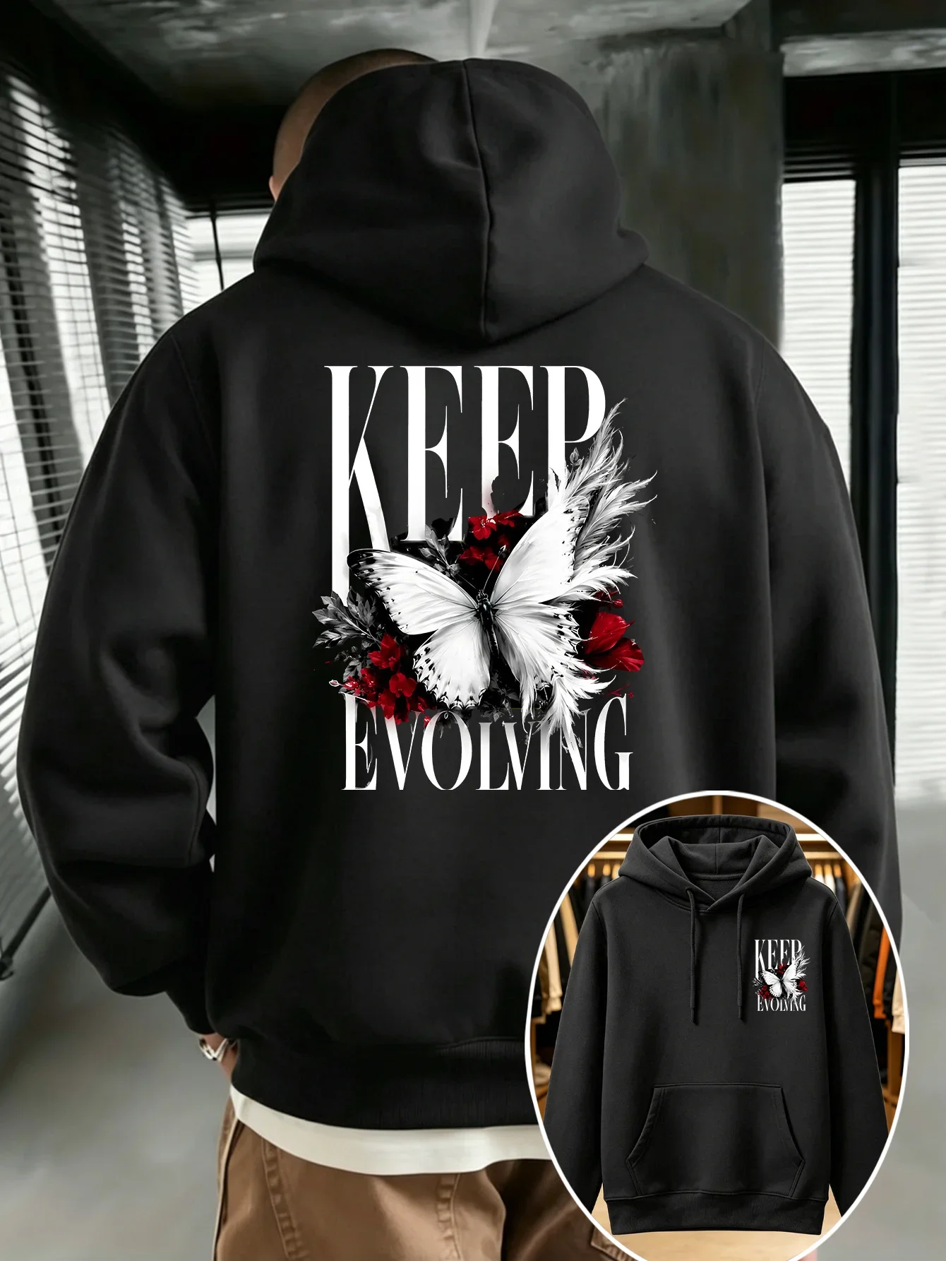 Aesthetic Art Men Hooded Sweatshirt Keep Evolving Butterfly Rose Graphic Print Autumn Winter Fleece Lined Casual Hoodie