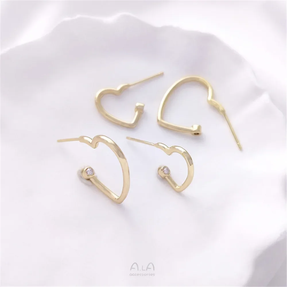 14K Gold Wrapped Zircon Heart shaped Earrings 925 Silver Needle Handmade DIY Pendant Earrings Accessories