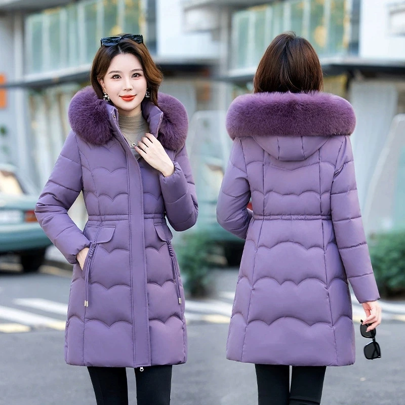 

Winter Parkas Women Down Cotton Jacket Big Fur Collar Hooded 2025 New Fashion Mid-Length Thick Padded Coat Female Slim Overcoat