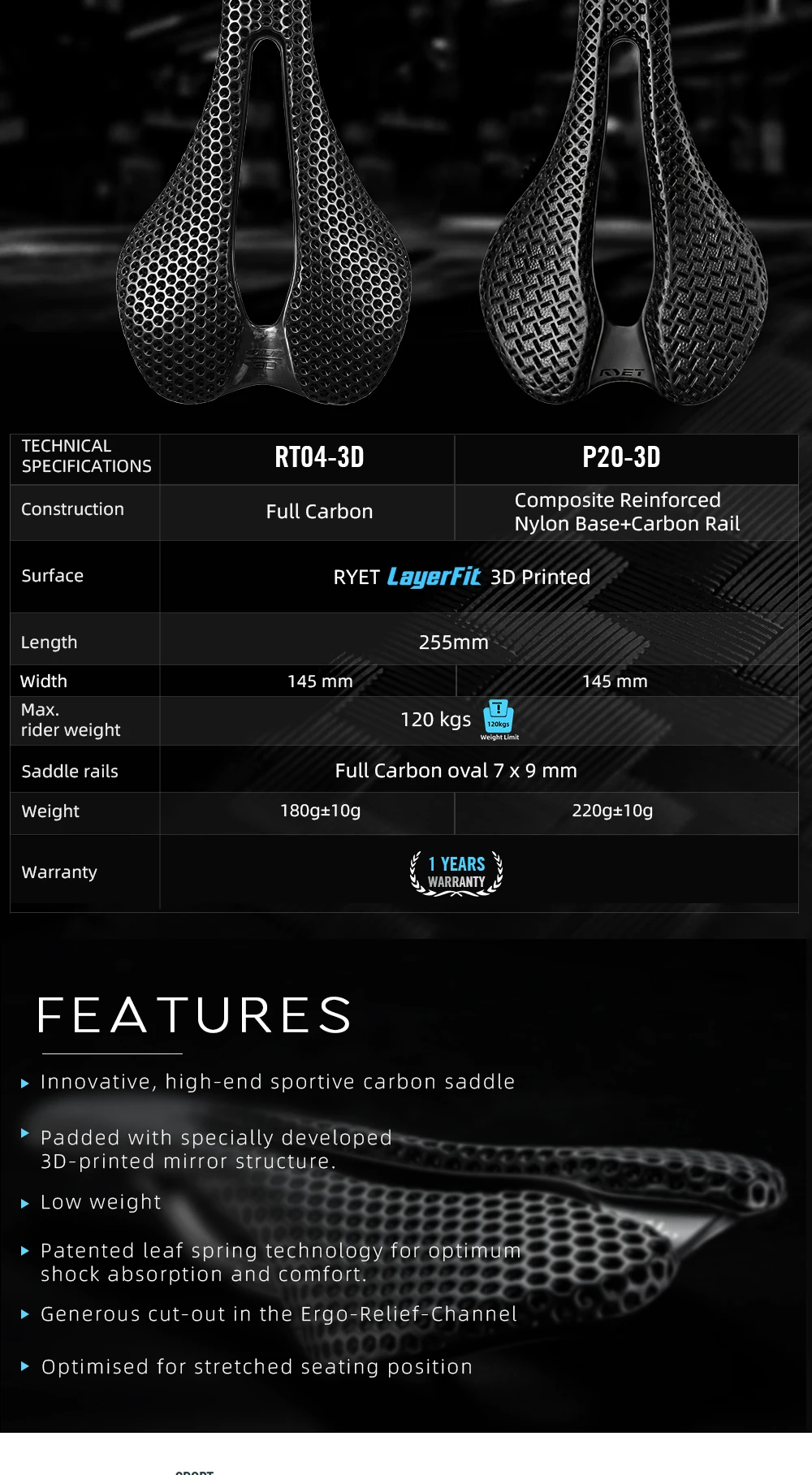 2026 RYET Carbon 3D-Gedruckter Fahrradsattel, 145mm Leichter Rennrad MTB Mountainbike Sitzkissen Fahrrad-Sitzzubehör – Detail 3