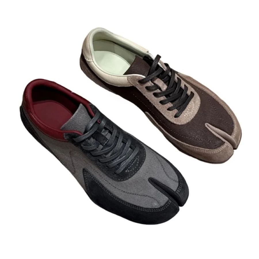 Women Split Toe Casual Sneakers Suede Fabric Lace Up Flat Shoes Retro Lightweight Daily Walking Ladies BH0805