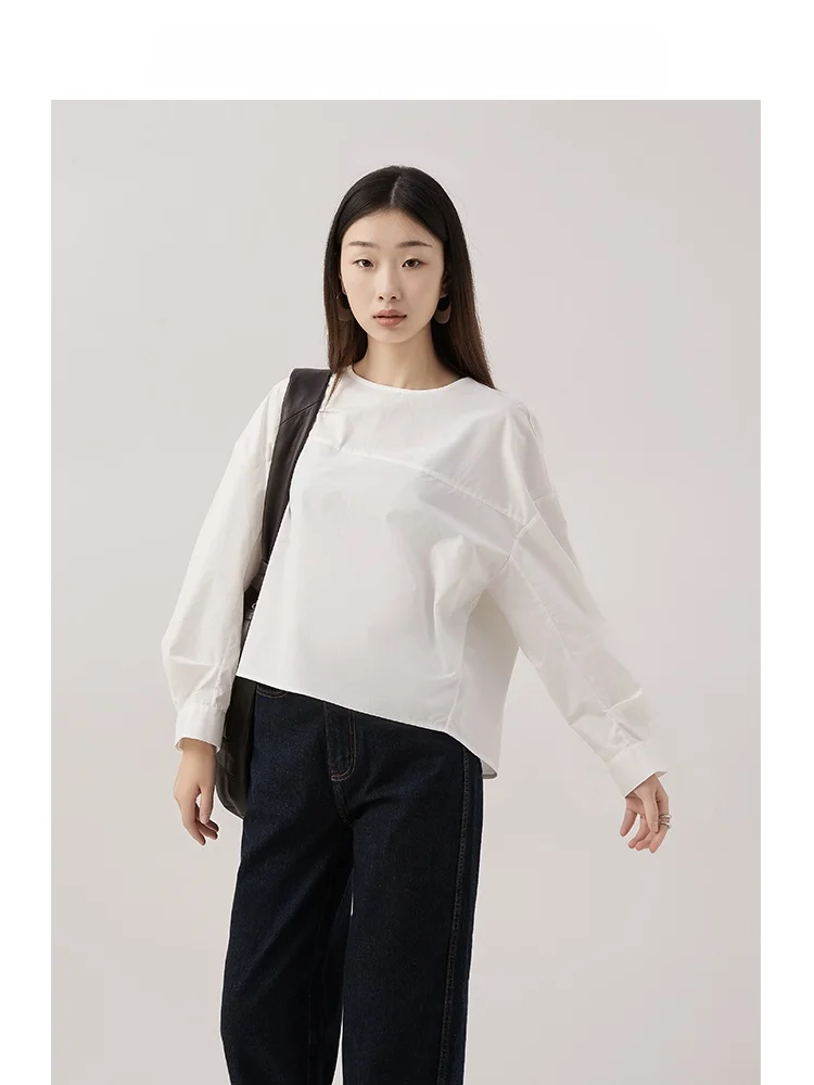 

Original VKICLASSIC Lightweight Casual Fermented Wa Precision Cotton round Ne irt Loose Fit Long Sve Pure Color