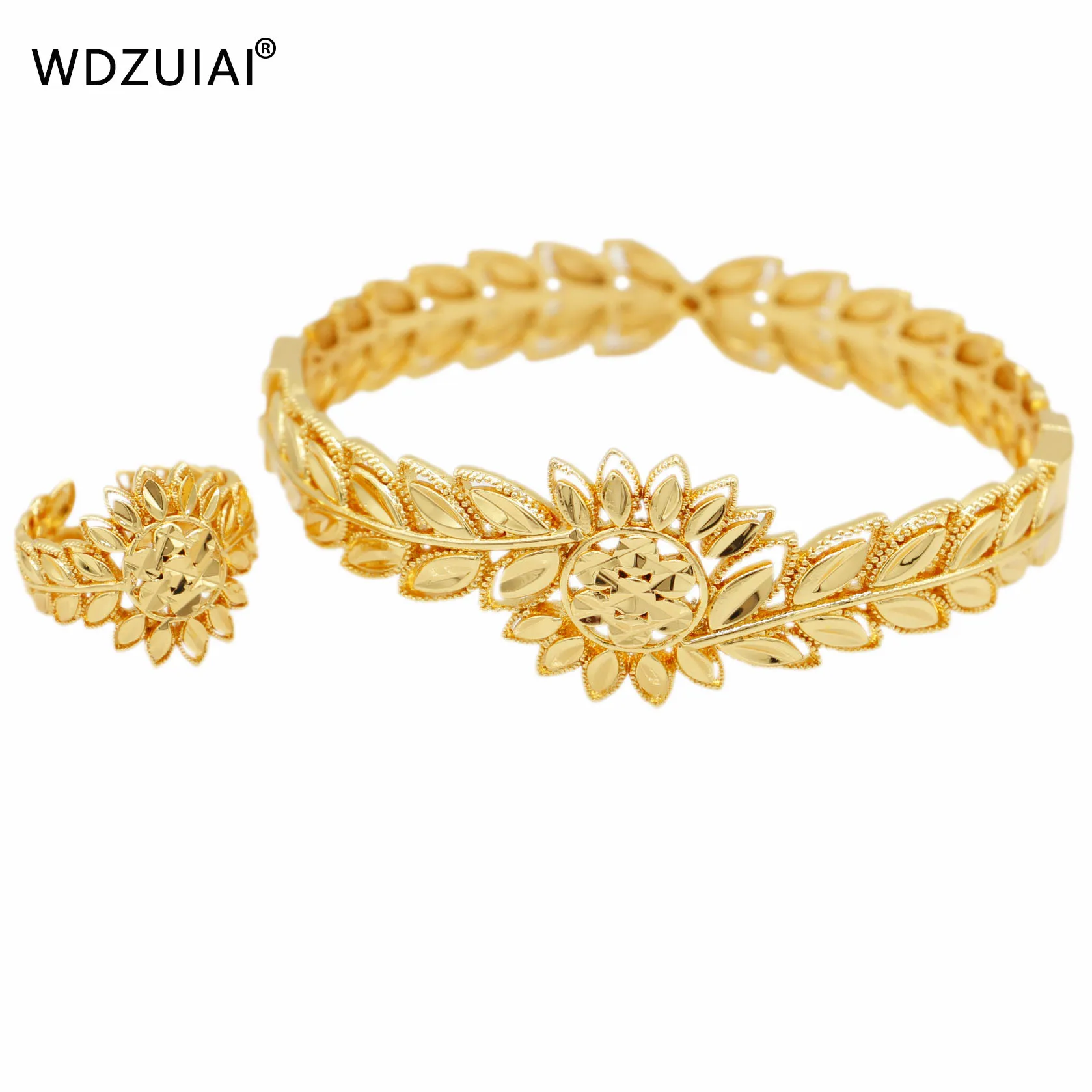 WDZUIAI New Arrival Top Quality Dubai Gold Color Can Open Bracelet&Ring Set African Italy Women Girls Party Jewelry Wedding Gift