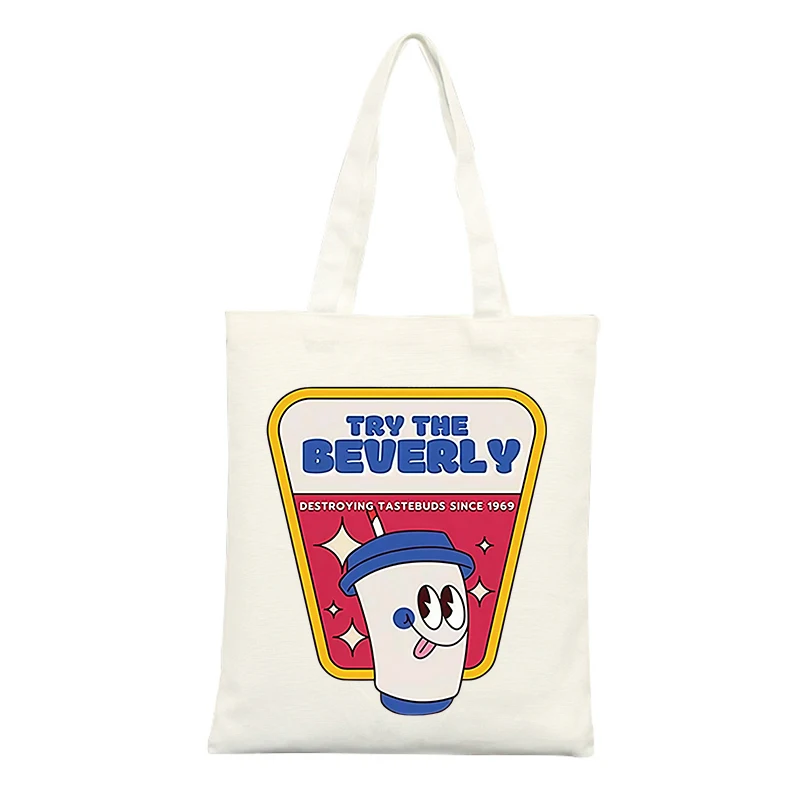 Canvas Tote Bag with Cartoon Beverage Graphic and Slogan-style Print, Retro Vintage Design for Casual Shopping and Daily Use
