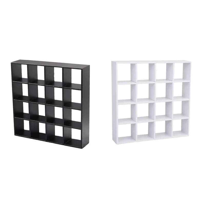 1: 12 رف تخزين خشبي مصغر لبيت الدمى 16 رفوف شبكية أبيض أبيض رف تخزين أثاث بيت الدمية ديكور أسود متين