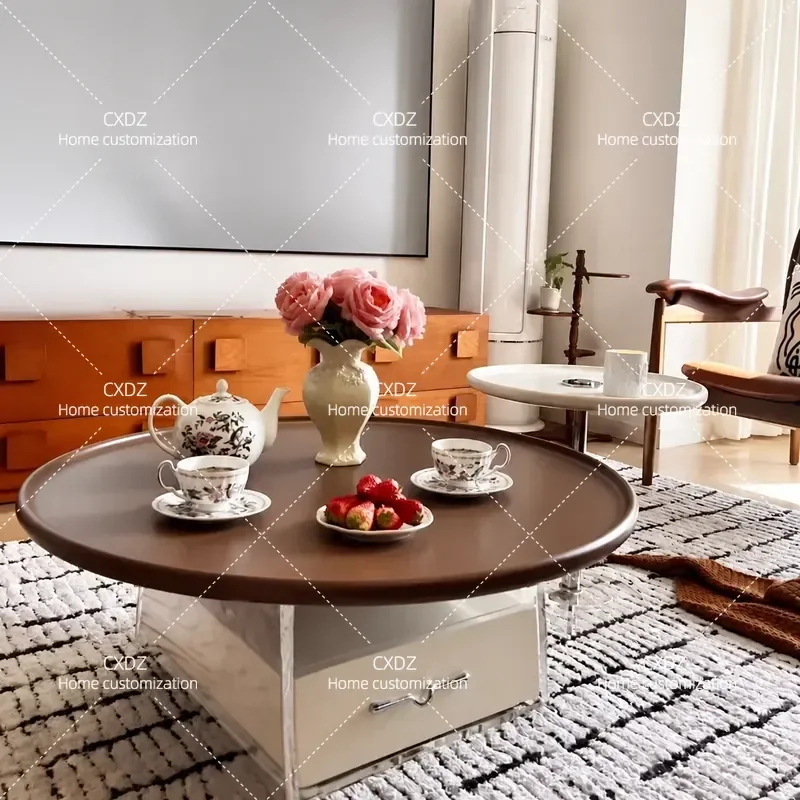 Modern Simple Retro Round Cream Coffee Table Set Acrylic Living Room Furniture for Small Apartment Home Decor