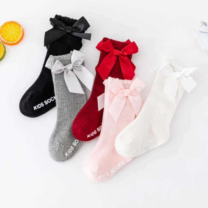 New Kids Socks Toddlers Girls Big Bow Knee High Long Soft Cotton Lace baby Socks Kids Solid Colour Cute Bow Girls Socks