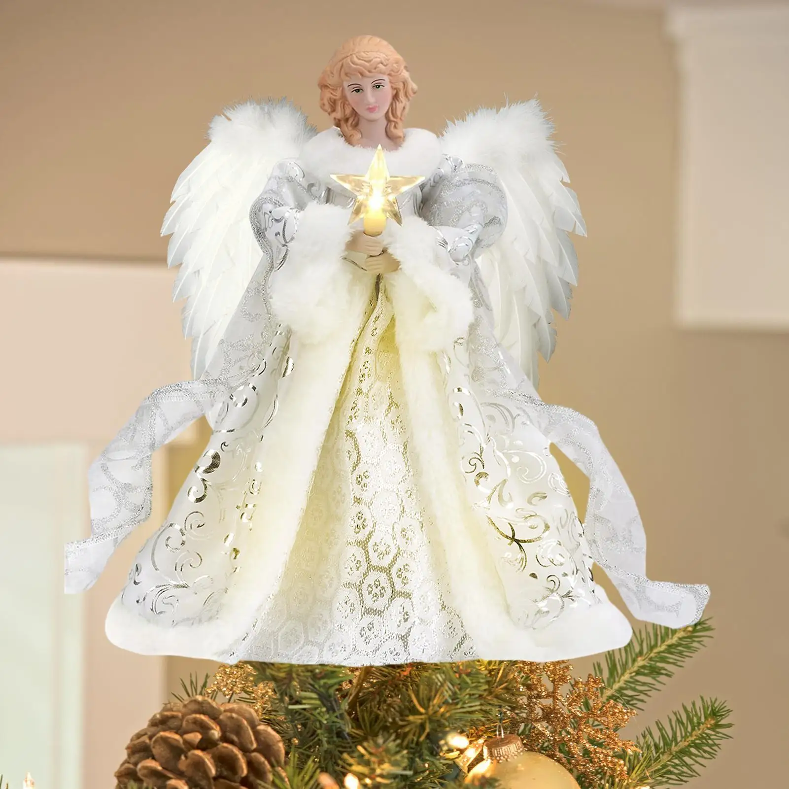 Weihnachtsengel Engel Baum Topper Licht mit Lichterkette Ornament für Garten Bauernhaus Kamin Thanksgiving Hochzeit Küche