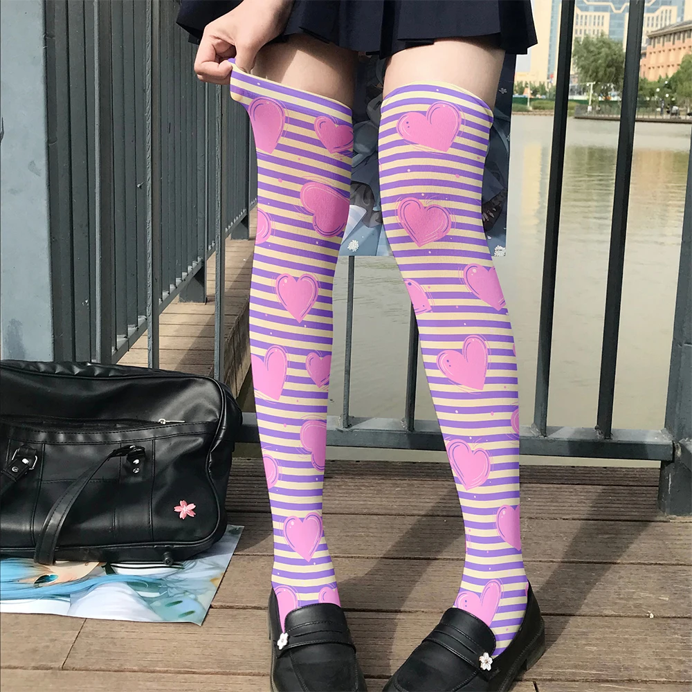 

Kawaii pink stockings ladies 3D printed striped love pattern thigh socks Harajuku Loli JK calf stockings purple college style