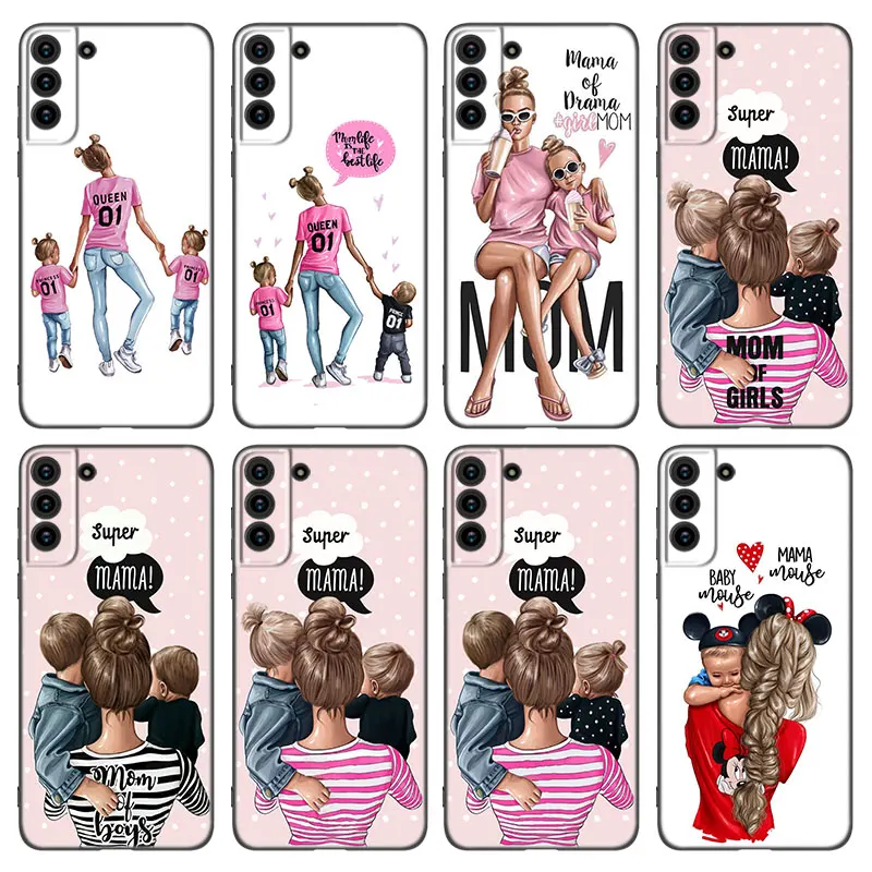 Mädchen Baby Super Mom Frau Telefon Fall Für Samsung Galaxy S21 S20 FE S22 Ultra S10 Lite S9 S8 Plus s7 Rand S10E Weichen Schwarz Abdeckung