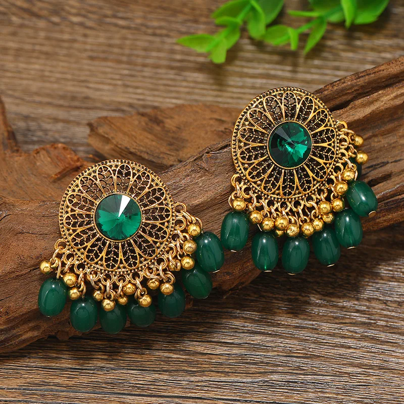 Bohemian Retro Ethnic Earrings with Feminine Elegance Crystal Green Beads Bell Tassel Earings for Women Indian Jewelry Aretes